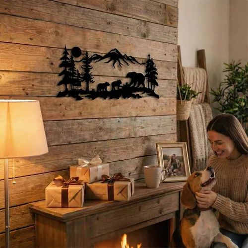 Miniatura 8 de DEKADRON Arte de pared de metal, arte familiar de oso de metal, decoración de montaña de árbol, decoración de pared de naturaleza, regalo