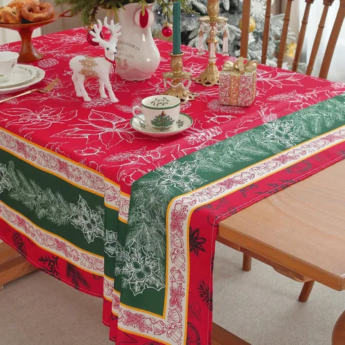 Miniatura 7 de SASTYBALE - Mantel navideño rectangular de 52x70 pulgadas, con diseño vintage de Flor de Pascua y acebo, resistente a las arrugas, para cenas