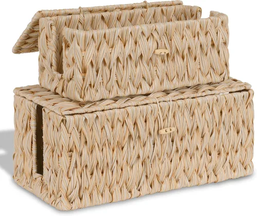 Miniatura 8 de efluky Paquete de 2 fundas para cables de suelo de jacinto de agua con tapa, caja de gestión de cables tejida a mano, 2 ranuras abiertas