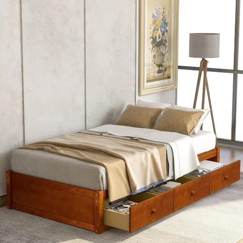 Miniatura 9 de Merax Marco de cama de madera con 3 cajones, cama de día individual Storge con soporte de listones de madera, ahorro de espacio, cereza