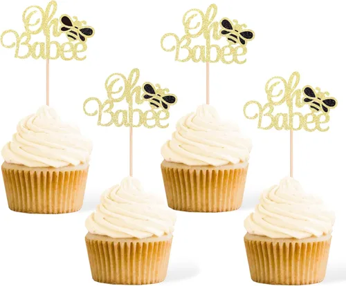 Gexolenu 24 piezas Oh Babee Cupcake Toppers Gold Glitter de doble cara Sweet Bumble Bee Baby Cupcake Picks Baby Shower para decoración de pasteles