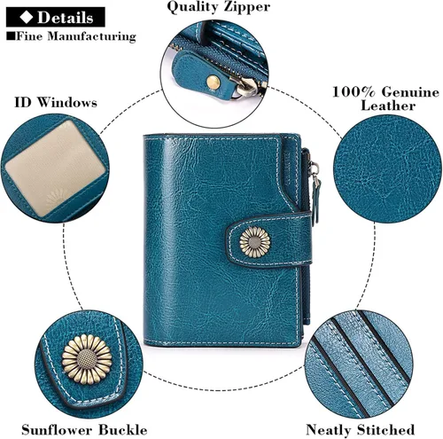 Miniatura 5 de FALAN MULE - Cartera pequeña plegable para mujer de cuero genuino, compacta, con bloqueo RFID, Azul Patchwork), 5206