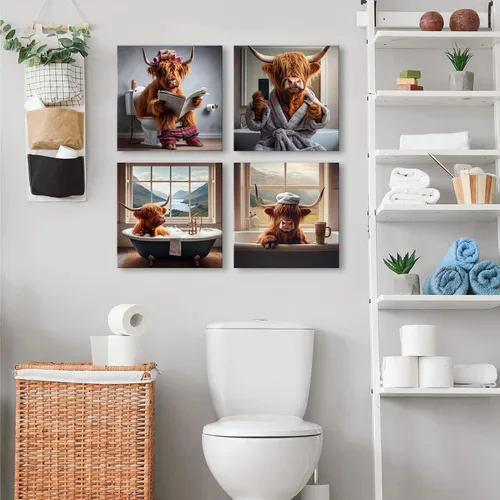 Miniatura 6 de Decoración de pared de vaca de las tierras altas de baño, arte de pared de vaca rústica, animales de cuerno largo, imágenes de bañera, impresiones