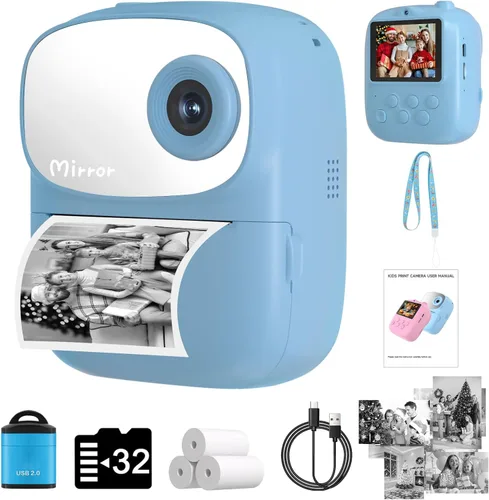 Cámara de Niños con Impresión Instantánea para Niños, Cámara Instantánea con Espejo, Cámara Digital Selfie HD de Doble Lente con 3 Rollos de Papel