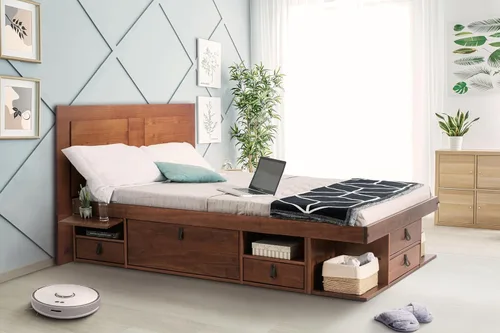 Miniatura 23 de Memomad Bali Slim Set: Plataforma de almacenamiento con cajones + Cabecero de panel plano (Tamaño completo, madera marrón roble)