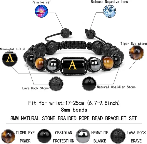 Miniatura 2 de Pulseras de cuentas con iniciales para hombre, pulsera de triple protección de 0.315 in de obsidiana y hematita, hecha a mano con letras de piedra
