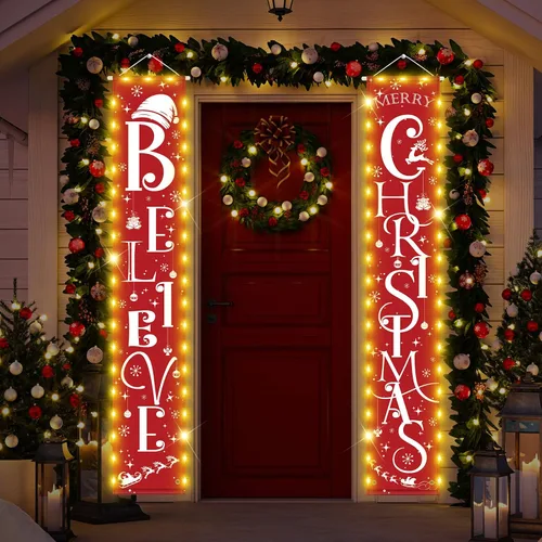 Lounsweer 2 carteles colgantes de Navidad para porche con cadena de luces LED, muñeco de nieve y Papá Noel para puerta de Navidad, para interiores y