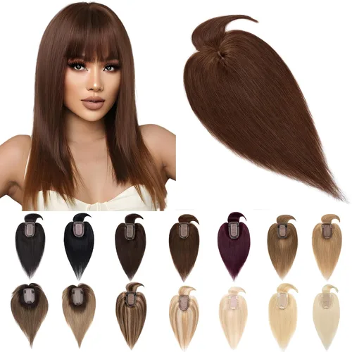 SEGO Toppers para el cabello para mujer, cabello humano real con flequillo, base de seda de 2.8 x 5.1 in, 100% cabello humano Remy, con clip en la