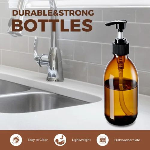 Miniatura 8 de Botella de bomba de vidrio ámbar de 8 onzas, botella dispensadora de jabón de vidrio de 8.5 fl oz para aceite de masaje de loción corporal
