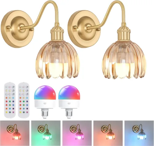 Miniatura 45 de Shenmoyl Aplique de Pared Vintage Operado por Batería con Linda Campana de Vidrio Tulipán Verde, Recargable Inalámbrica, Luz de Pared con Control