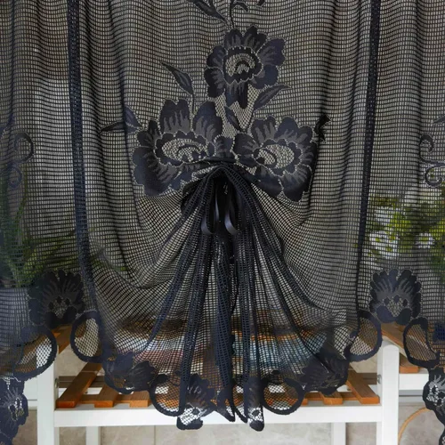 Miniatura 3 de ZZC Cortinas francesas cortas de encaje transparente, románticas, con lazo, media transparente, panel de cortina de encaje floral, cenefa negra
