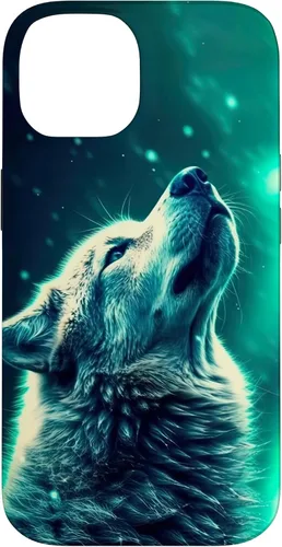 Miniatura 4 de Howling Wolf in Night Green Northern Lights Wolves Dog Lover Case for iPhone 16