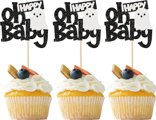 Miniatura 19 de Paquete de 24 adornos para cupcakes de Halloween con purpurina rosa, fantasma, pequeño abucheo, murciélago, bruja, gato, calabaza, magdalena