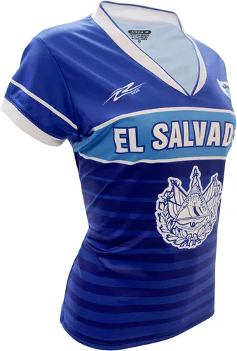Miniatura 3 de ARZA Sports Women’s El Salvador Fan Soccer Jersey – Blue White Pink Slim Fit V‑Neck Shirt
