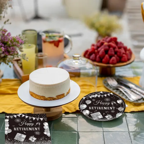 Miniatura 6 de Juego de 40 piezas de vajilla desechable para fiestas de jubilación para hombres y mujeres, color negro y plateado, incluye platos de jubilación
