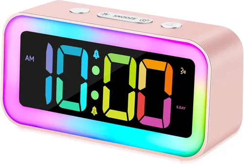 Miniatura 8 de Cadmos Reloj despertador fuerte para dormitorios con luz nocturna RGB dinámica, para adultos que duermen profundamente, doble alarma, atenuador