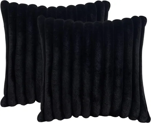 Fundas de cojín decorativas de piel sintética, juego de 2, de 16 x 16 pulgadas, fundas de cojín suaves y negras de felpa con rayas para sofá, cama y