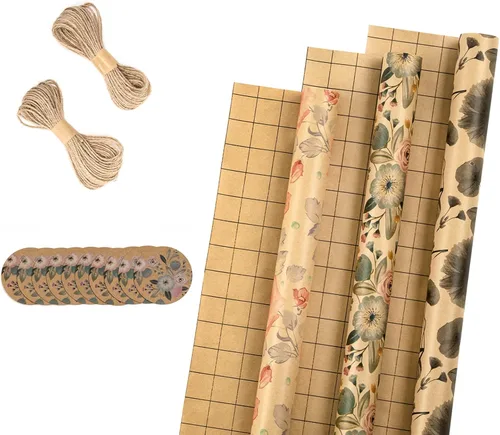 RUSPEPA Rollos de papel de regalo con etiquetas y cuerda de yute, mini rollo, 17 pulgadas x 10 pies por rollo, total de 3 rollos, flores