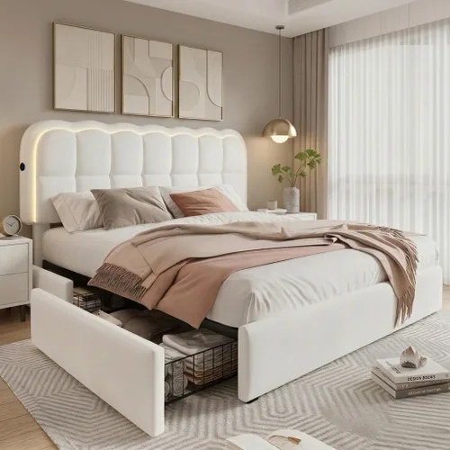 Miniatura 10 de CypBed Base de cama individual con cajones de almacenamiento y cabecero, base de cama LED tapizada de terciopelo para niños, marco de cama de metal