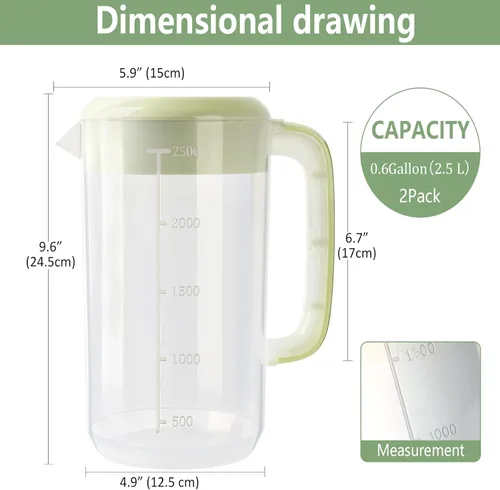 Miniatura 2 de Jarra de plástico transparente de 0.6 galones y 2.5 litros con tapa, paquete de 2 jarras de agua transparente para bebidas frías, jarra de té helado