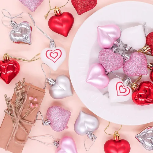 Miniatura 6 de Decoraciones para el día de San Valentín, decoración de corazón, 36 piezas de adornos de plástico rojo, plateado, rosa, blanco, árbol de Navidad