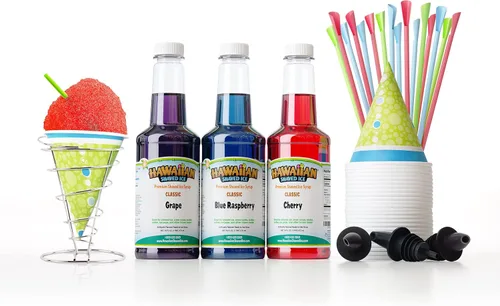 Miniatura 6 de Hawaiian Shaved Ice Máquina de hielo afeitado S900A con kit de jarabe de cono de nieve de cereza, uva y frambuesa azul, también incluye vasos
