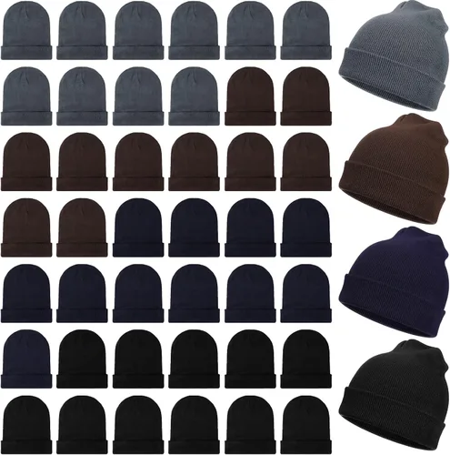 48 gorros de invierno a granel, gorros de color sólido, gorro de punto, cálido y acogedor gorro de calavera con puños para adultos, hombres y mujeres