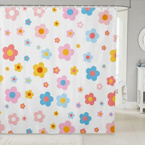 Miniatura 24 de Cortina de baño de flores de margarita para niños y niñas, cortina de ducha floral para decoración de baño, 72 x 72 pulgadas, retro, floral