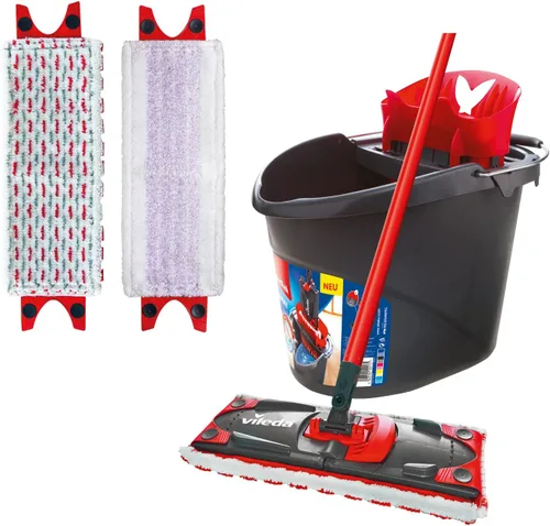 Vileda Ultramax - Juego completo de trapeador de suelo, funda sensible que incluye 2 fundas de repuesto y cubo con prensa eléctrica, trapeador con