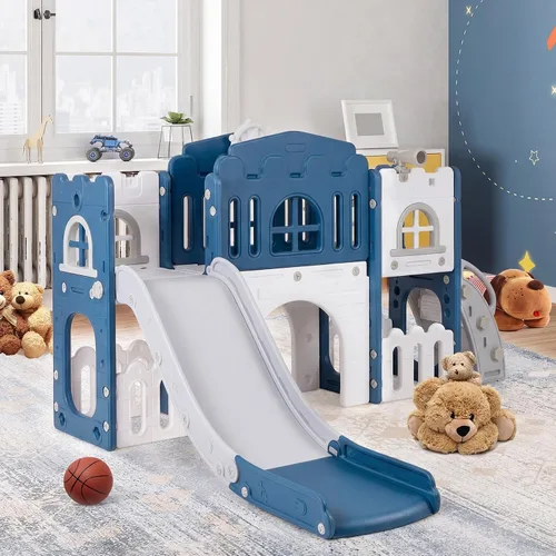 Miniatura 9 de Costzon Juego de tobogán infantil 8 en 1, tobogán independiente para niños con túnel, aro de baloncesto, juego de tobogán escalador para niños de 1