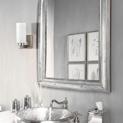 Miniatura 7 de DEYNITE Conjunto de dos apliques de pared modernos de níquel cepillado para baño con pantalla de vidrio cilíndrico blanco lechoso
