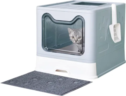 Medario - Caja de arena para gatos con alfombrilla de arena y cuchara, plegable grande con tapa, de entrada frontal para gatos con salida superior,
