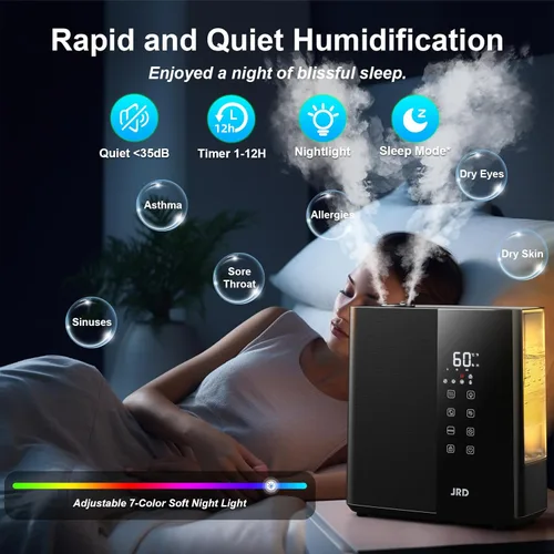 Miniatura 4 de JRD Humidificadores de niebla cálida y fría para dormitorio, 5 L, humidificador de aire ultrasónico silencioso, alivio rápido de los síntomas