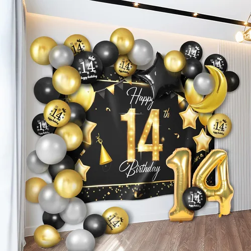Miniatura 12 de Juego de globos dorados de feliz cumpleaños número 10 – Saludos a los 10 años de edad, guirnalda temática de fiesta con estrellas y luna, decoración