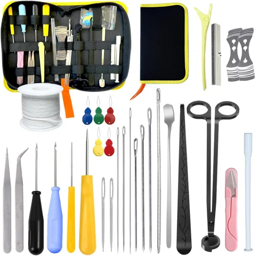 Miniatura 15 de Kit de 11 agujas de vela, moldes de herramienta de inserción de mecha, aguja perforadora con ojo de gancho, aguja de absorción de velas de ojo