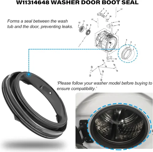 Miniatura 5 de W11314648 W10897390 Junta de sello de puerta de lavadora Compatible con lavadora de carga frontal Whirlpool, Maytag, Inglis y Amana, Reemplazo#