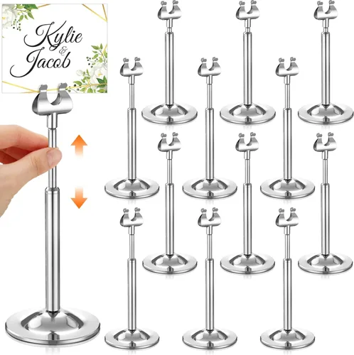 Kathfly Juego de 12 soportes para números de mesa, ajustables, de metal, con clip de arpa, soporte de tarjeta desmontable para bodas, cumpleaños,