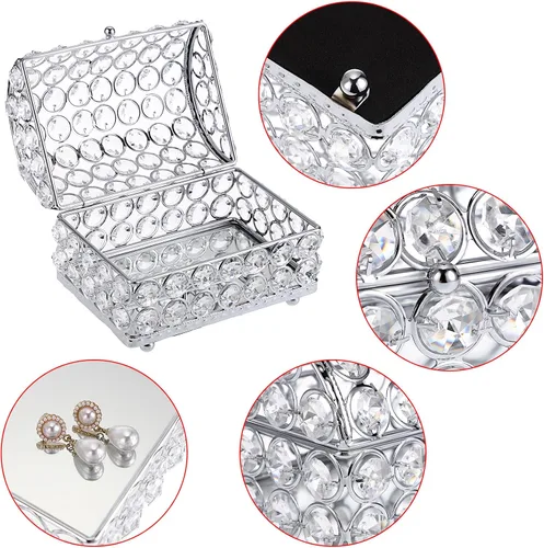 Miniatura 9 de ELLDOO Joyero de cristal, caja organizadora de aretes, anillos, decoración del hogar, caja decorativa con tapa, regalo plateado para San Valentín