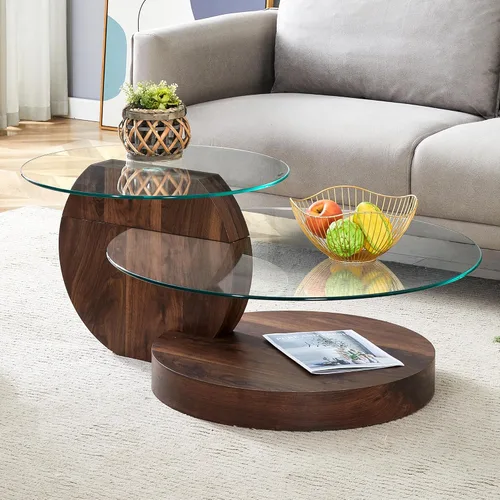 Miniatura 14 de Mesa de café de 35" de vidrio ｜ Mesa de café redonda ｜ Diseño de 3 niveles con superficie de vidrio templado ｜ Base de madera en color negro