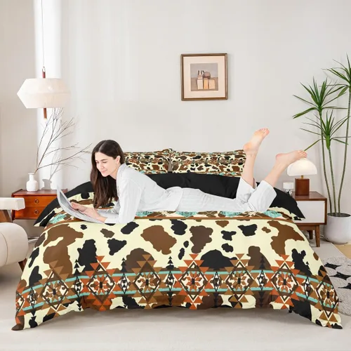 Miniatura 5 de Erosebridal Funda de edredón de piel de vaca marrón con estampado de vaca de las tierras altas, juego de ropa de cama occidental exótico azteca