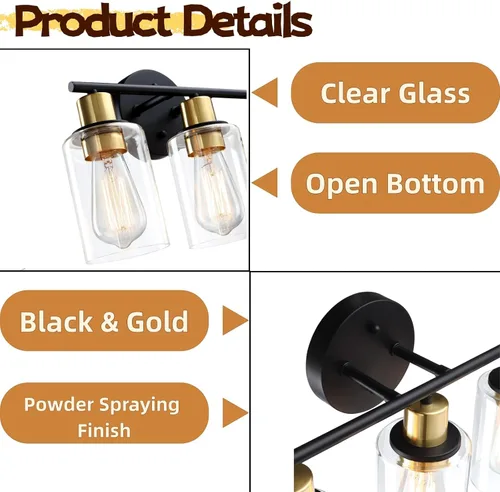Miniatura 4 de Lámpara de tocador de 3 luces negra y dorada sobre el espejo, lámparas de pared de baño con pantalla de vidrio transparente que incluye base mediana