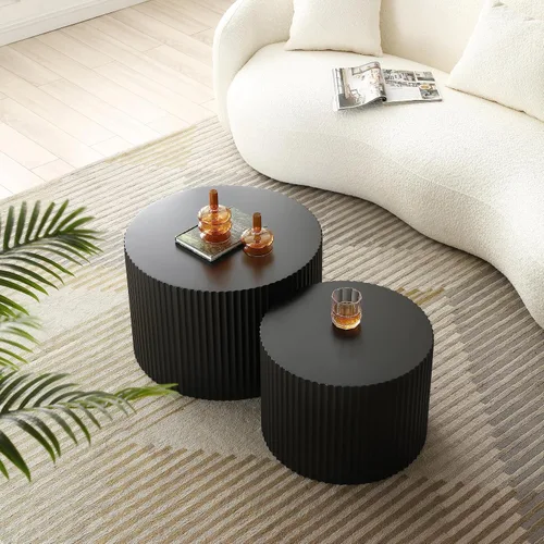 Miniatura 3 de Moderna mesa auxiliar anidable, mesa auxiliar redonda de madera, juego de 2 para espacios pequeños, sala de estar, color negro