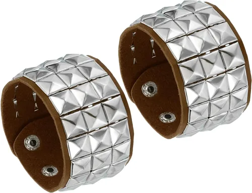 Miniatura 9 de MECCANIXITY 2 pulseras punk de cuero de 8.7 pulgadas/8.7 in en capas de remaches cuadrados, pulseras