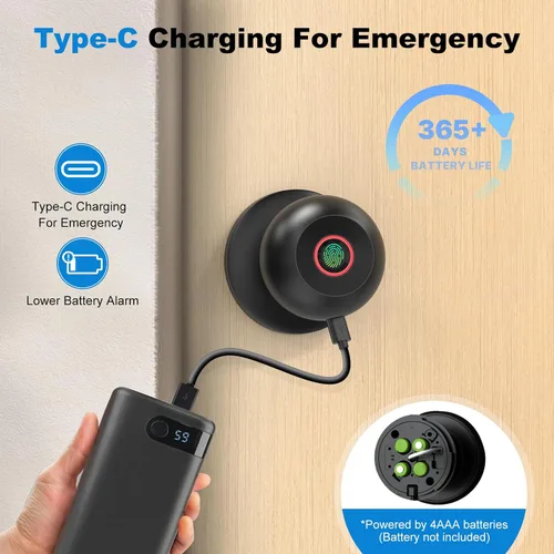 Miniatura 6 de 52HZ Pomo de puerta de huellas dactilares con cerradura, cerradura inteligente para puerta de dormitorio, cerradura biométrica de puerta con control