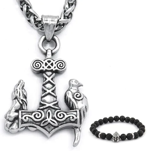 Bavipower Raven vikingo Odin Thor Hammer Mjolnir colgante de acero inoxidable nórdico pagano joyería potente amuleto de protección para hombres