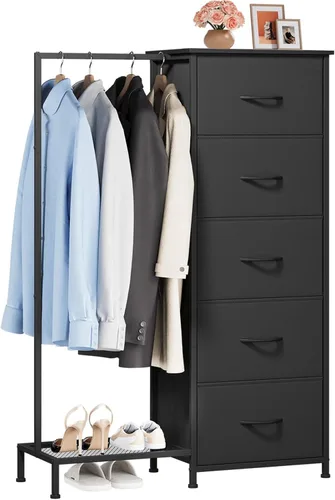 Somdot - Cómoda con estante para colgar, 5 cajones, cómoda pequeña para dormitorio, cómoda reversible con estante para ropa, cómodas para niños para