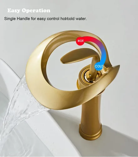 Miniatura 3 de Grifo de Lavabo para Baño de Diseño Alto y Hueco en Estilo Granja, con Boquilla en Cascada de Oro Antiguo, de una Sola Manija, de un Solo Agujero