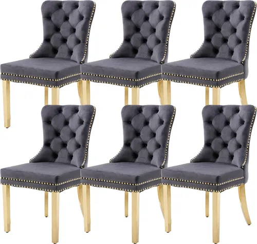 Miniatura 19 de KCC Nikki Collection - Juego de 4 sillas de comedor de terciopelo tapizadas de alta gama con anillo trasero de clavo, patas de madera maciza