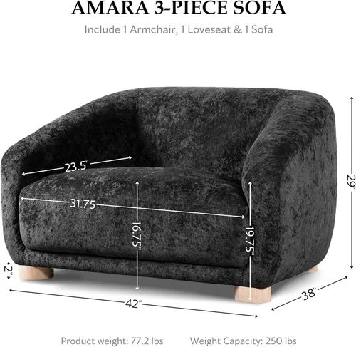 Miniatura 2 de Furniture of America Amara Modern - Juego de sofá tapizado de felpilla de 3 piezas con reposabrazos inclinados, sillón de madera, sofá biplaza