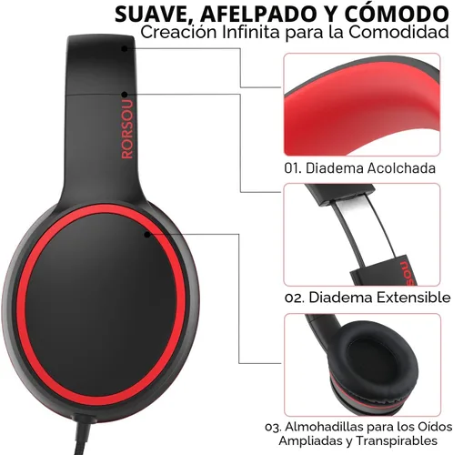 Miniatura 4 de R10 - Auriculares sobre la oreja con micrófono, auriculares de bajos estéreo ligeros y plegables con cable de 1.5M sin enredos, auriculares